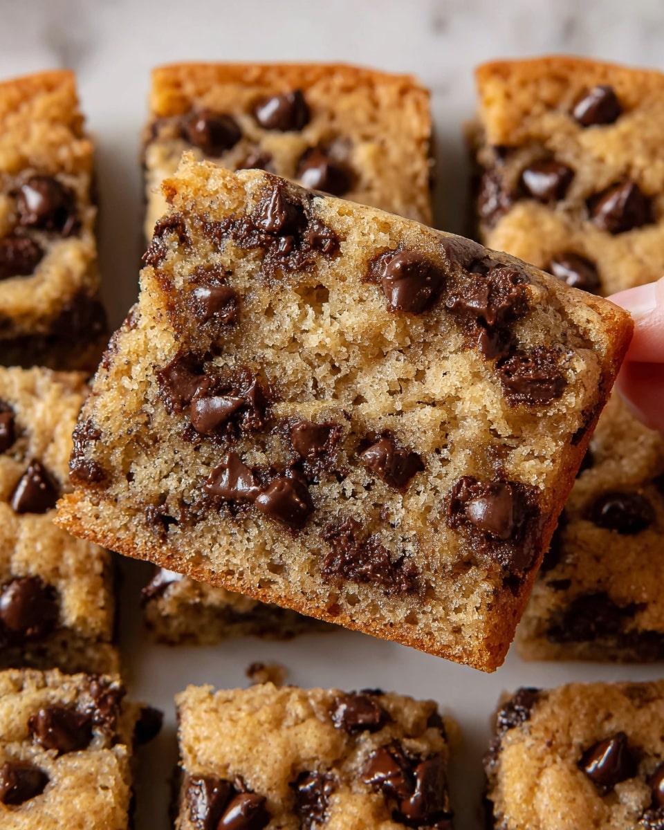 A close-up image of a square piece of soft, moist chocolate chip cookie bar being held between the thumb and index finger of a woman's hand. The cookie bar has a light golden brown color with a slightly glossy surface and visible melted dark chocolate chips embedded inside and on top. The texture looks tender and chewy with a slight crumb, showing a few small cracks and glossy chocolate melting around the edges. The background is a white marbled texture. photo taken with an iphone --ar 4:5 --v 7