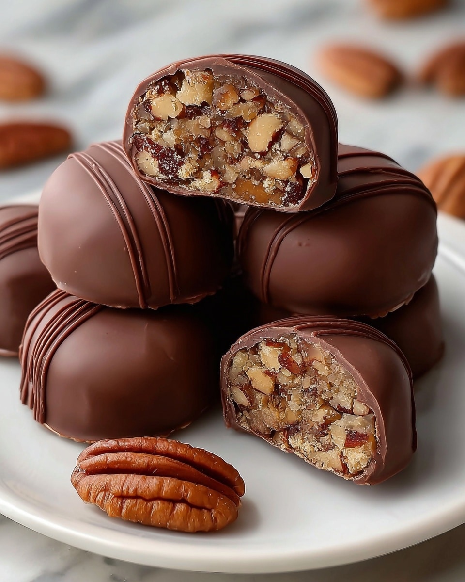 A close-up view of several round chocolates, each with a smooth, milk chocolate outer layer featuring thin, curved lines on top. Two pieces are cut in half, showing a dense inner layer full of chopped nuts with beige and brown colors, tightly packed inside the chocolate shell. The chocolates rest on a white plate, and in front of them lies a whole pecan nut with a shiny, textured surface. The background is a white marbled texture. photo taken with an iphone --ar 4:5 --v 7