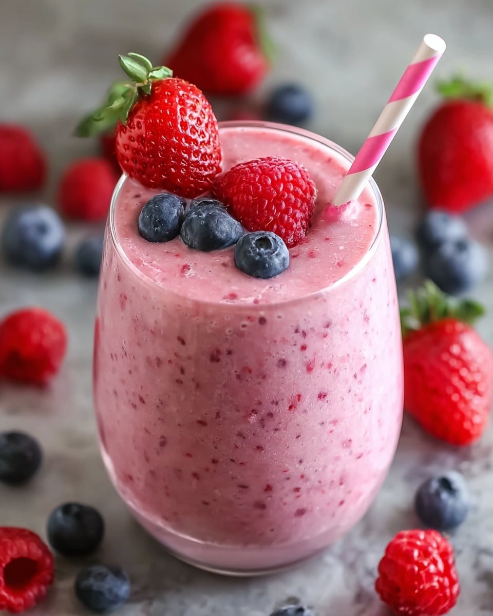 A creamy pink smoothie fills a clear round glass nearly to the top, showing small red and purple berry bits inside. On top, bright red raspberries, a red strawberry with green stem, and deep blue blueberries rest as decoration. A pink and white striped paper straw is placed inside the glass leaning outward. The glass is set on a white marbled surface with scattered fresh berries blurred in the background. Photo taken with an iphone --ar 4:5 --v 7