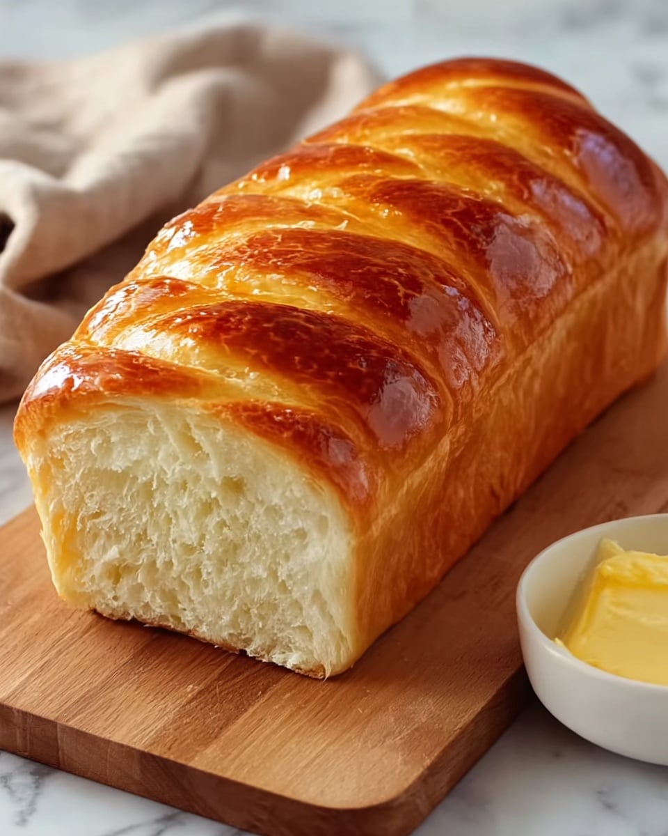 A shiny golden brown braided bread loaf sits on a wooden cutting board with visible soft and fluffy white inner layers, showing a light and airy texture. The bread's outer crust has a smooth, glossy finish with deep caramel tones, and the braided pattern creates several raised ridges across the top. In the background, to the top left, there is a small white ramekin filled with a creamy yellow spread placed on a white marbled surface. The image looks warm and inviting, focusing closely on the bread’s rich texture and colors. photo taken with an iphone --ar 4:5 --v 7