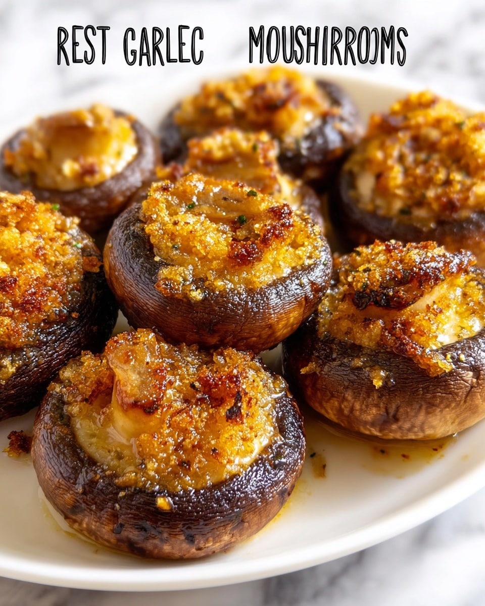 The image shows a close-up of several roasted garlic mushrooms arranged on a white plate, placed on a white marbled surface. The mushrooms are golden brown with a crispy, textured top layer of roasted garlic and seasoning, giving them a slightly crunchy look. The caps are dark brown, moist, and glistening with roasted oil, while the stems are visible and slightly browned as well. The mushrooms are clustered closely together, creating a warm, savory appearance. Photo taken with an iphone --ar 4:5 --v 7