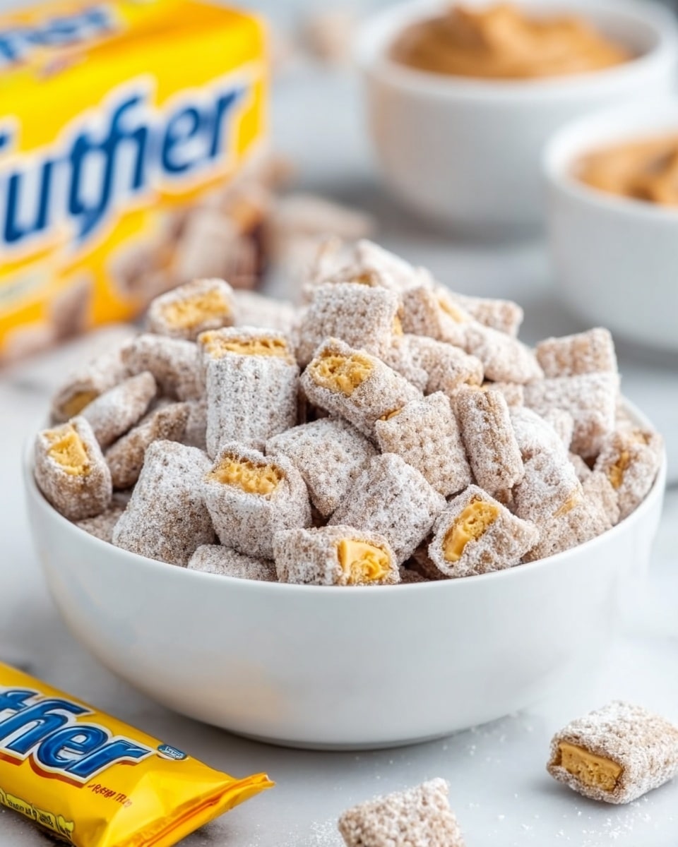 A white bowl filled with many square cereal pieces covered lightly in powdered sugar, each piece having small golden caramel chunks embedded on top, giving a rough texture. In the background, there are blurred white bowls with peanut butter and more cereal pieces. In the front bottom left corner, a yellow Butterfinger candy bar wrapper is partly visible. The setting is on a white marbled surface. photo taken with an iphone --ar 4:5 --v 7