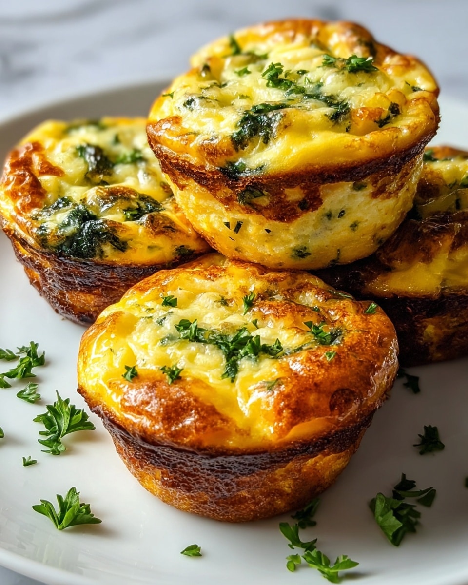 Four golden brown egg muffins sit closely together on a white plate, each about two layers tall. The bottom layer is darker brown, firm, and crispy, showing slight browning from baking. The upper layer is bright yellow and fluffy, with bits of green spinach or herbs mixed inside giving a speckled texture. The tops are slightly puffed and glossy with melted cheese that has browned in spots, sprinkled with small green parsley flakes for color contrast. Some extra parsley leaves are scattered casually on the plate around the muffins. The plate rests on a white marbled surface. photo taken with an iphone --ar 4:5 --v 7