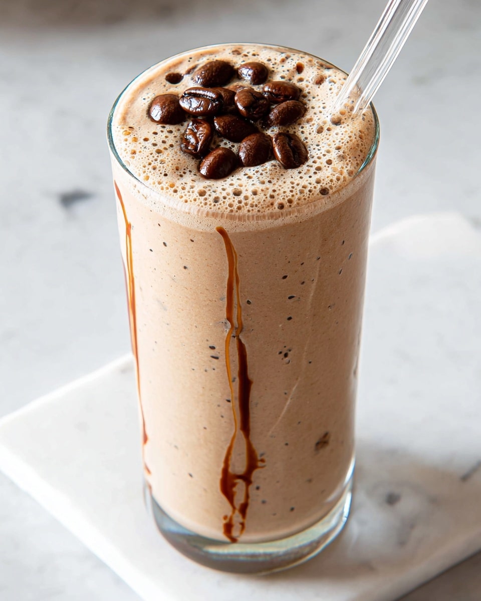 A tall clear glass filled with a thick, light brown coffee smoothie, showing slight speckles throughout, topped with a bubbly, frothy layer. Dark brown coffee syrup is drizzled artistically over the foam, and seven shiny roasted coffee beans are placed in the middle on top. A clear glass straw is inserted on the right side of the drink. The glass is set on a white marbled surface. photo taken with an iphone --ar 4:5 --v 7