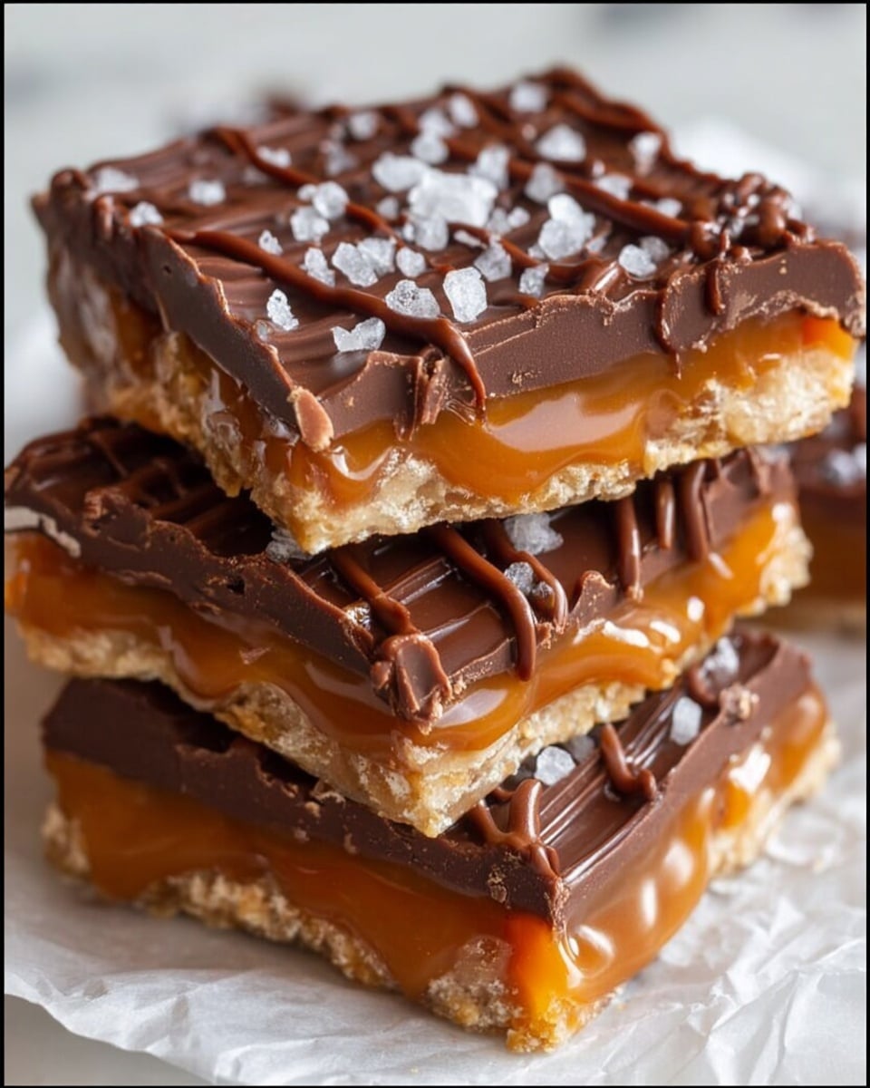 The image shows stacked layered candy bars with three visible layers: a bottom light brown crispy layer with a rough texture, a middle orange caramel layer that is thick and gooey, and a top smooth dark brown chocolate layer drizzled with thin lines of chocolate. The top chocolate layer is sprinkled with large white salt flakes for contrast. The edges of the candy bars reveal the gooey caramel oozing slightly between the layers. The bars rest on a crumpled white paper on a white marbled surface. photo taken with an iphone --ar 4:5 --v 7