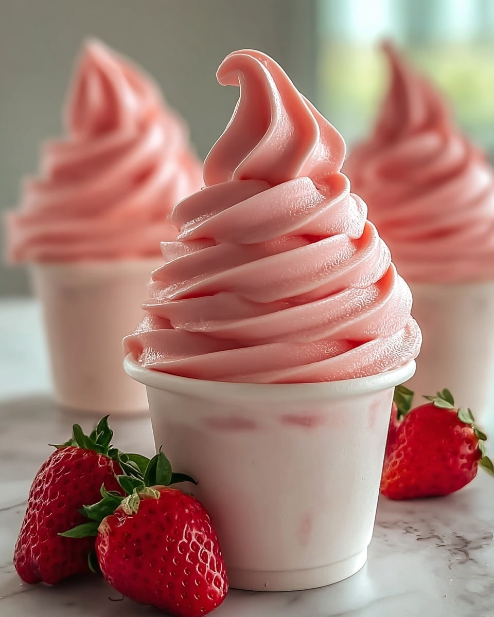 The image shows a close-up of a soft serve pink ice cream in a small white cup. The ice cream is swirled high in three smooth layers, each with a creamy texture and shiny surface, creating a peak at the top. Around the main cup, there are two more white cups with the same pink swirled ice cream, each topped with a fresh strawberry that adds a red and green color contrast. On the white marbled surface in front of the cups, two ripe red strawberries with green leaves are placed, giving a fresh and vibrant touch to the scene. The background is softly blurred with light colors, making the ice cream the focus. Photo taken with an iphone --ar 4:5 --v 7