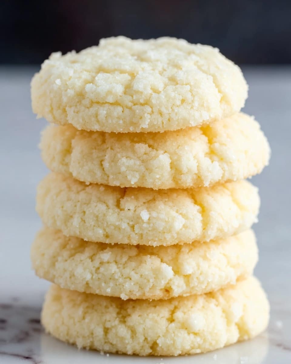 The image shows a close-up of a stack of five soft cookies with a pale yellow color. Each cookie has a crumbly, coarse texture and they are evenly layered on top of each other. The background is blurred, with a white marbled texture as the surface underneath. The cookies appear thick and fluffy, with soft, rounded edges. photo taken with an iphone --ar 4:5 --v 7