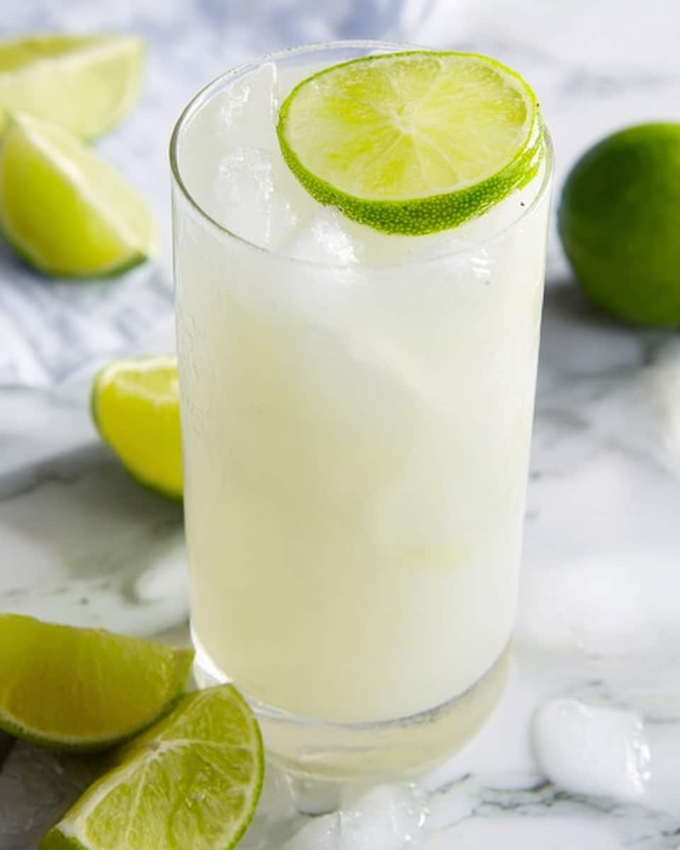 A tall, clear glass filled with a light, milky white drink that has small ice cubes floating inside. On top, there is a bright green lime slice placed partly inside the glass. Around the glass, there are fresh lime halves lying on a white marbled surface, adding a fresh look. The drink looks cold and refreshing with a smooth texture. photo taken with an iphone --ar 4:5 --v 7