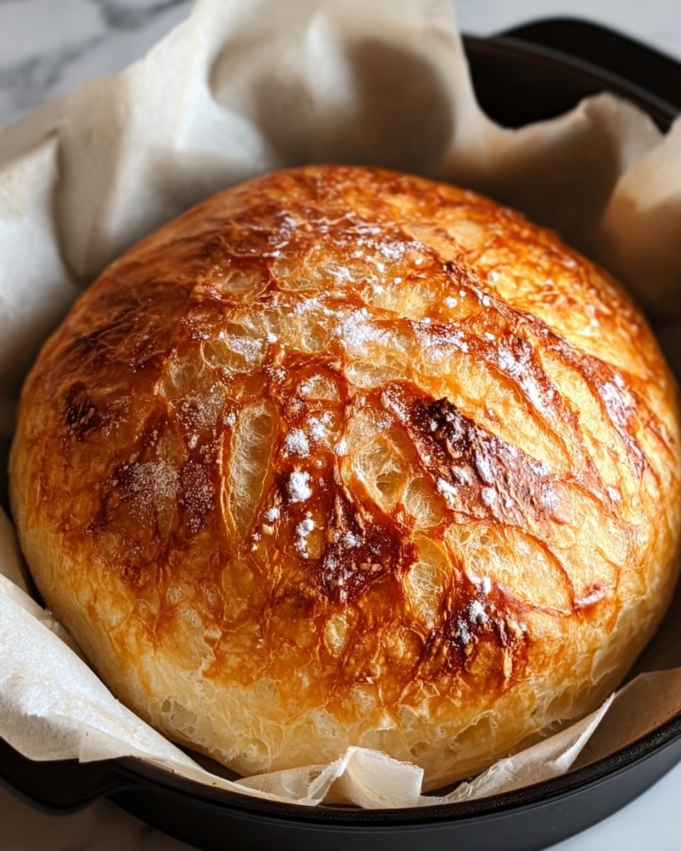 A round loaf of bread with a golden brown crust sits on white parchment paper inside a black pan. The crust has a shiny, slightly cracked texture with irregular patterns and a few spots dusted with white flour. The loaf looks soft and airy underneath the crust, showing light, fluffy pale layers near the edges. The black pan rests on a surface with a white marbled texture. photo taken with an iphone --ar 4:5 --v 7
