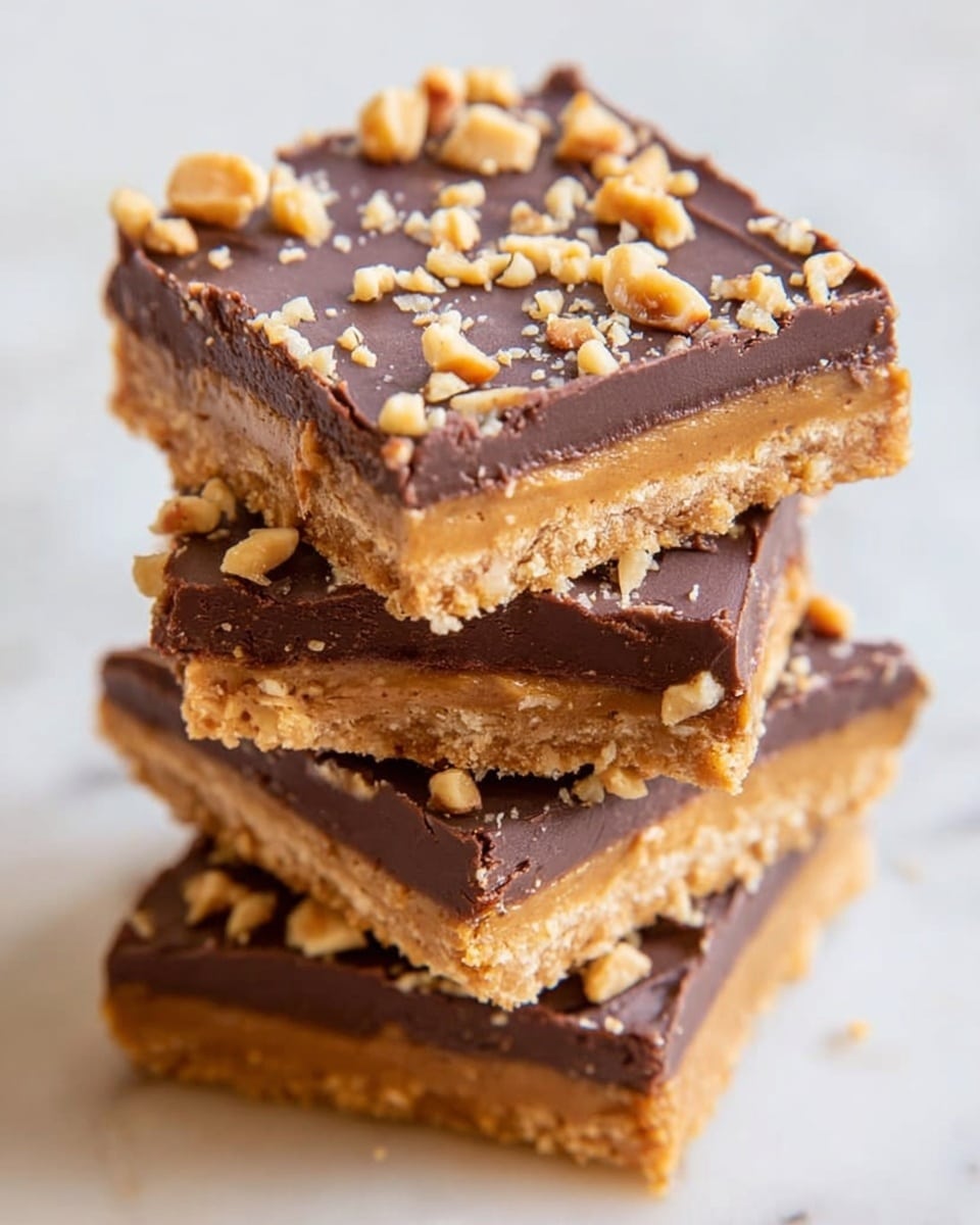 A close-up image showing a stack of four square bars with three layers each. The bottom layer is a light brown, crumbly crust, the middle layer is a smooth peanut butter colored filling, and the top layer is a thick, glossy dark chocolate spread sprinkled with small chopped nuts. The bars are stacked unevenly on a white marbled texture, emphasizing the rich textures and colors of the dessert. photo taken with an iphone --ar 4:5 --v 7