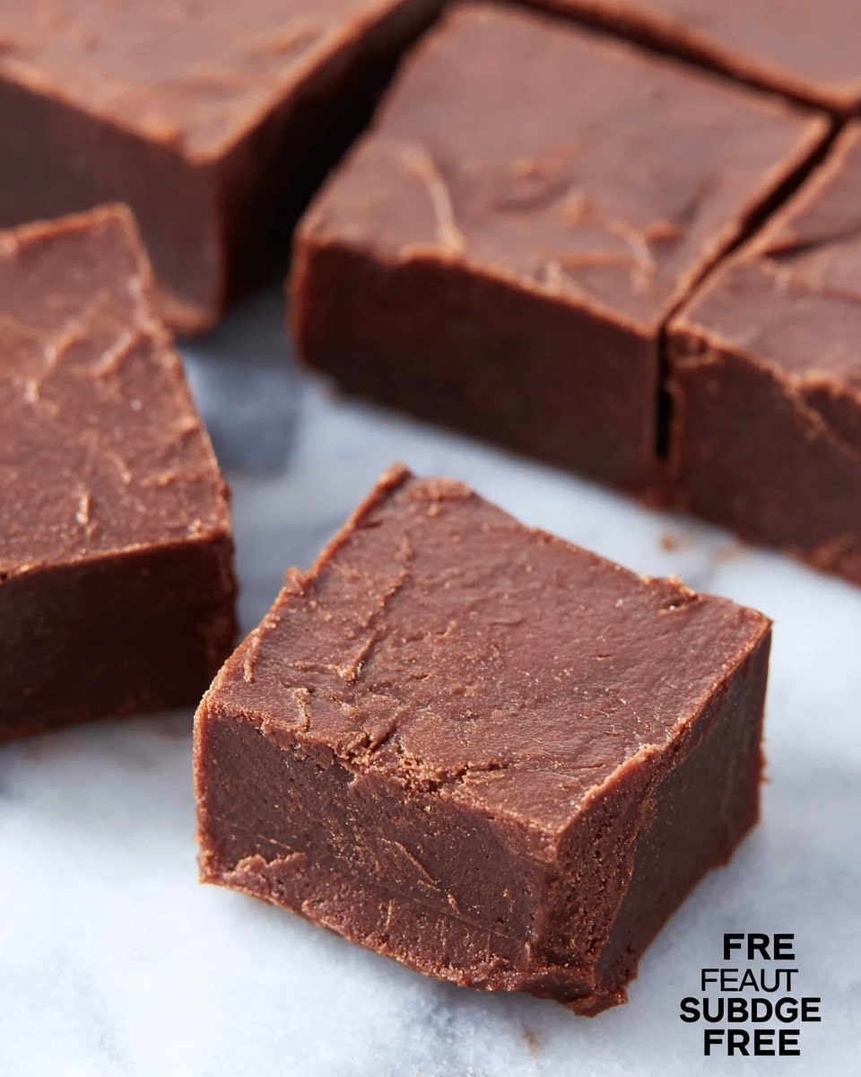 The image shows several square pieces of fudge arranged closely together on a white marbled surface, with one piece slightly separated and prominently in the front. Each fudge piece has a smooth top layer with minor natural cracks and a rich dark brown color, indicating a dense and creamy texture. The edges are firm and clean, showing a consistent thickness for all pieces. The background is clean and simple, putting full focus on the neat rows of fudge. Photo taken with an iphone --ar 4:5 --v 7