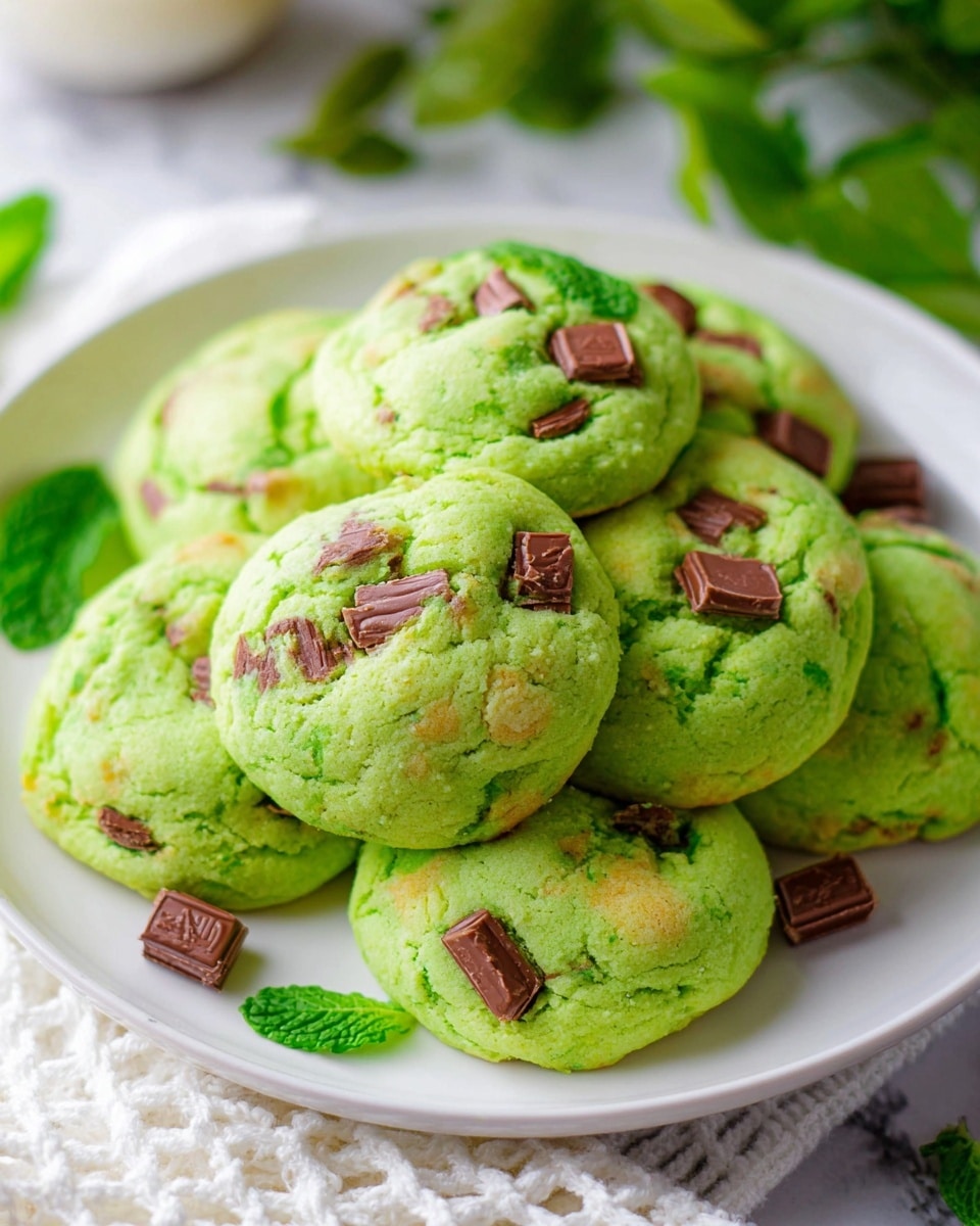 A white plate holds a stack of bright green cookies, each with soft, fluffy texture and studded with milk chocolate chunks that vary in size and are partly melted into the surface. The cookies have small cracks and a gentle dome shape, with some light golden patches visible near the edges. Fresh green mint leaves are scattered around the plate for garnish. The plate sits on a white marbled surface with blurred green leaves and a white crocheted cloth nearby. The image is brightly lit, showing rich colors and soft shadows. photo taken with an iphone --ar 4:5 --v 7