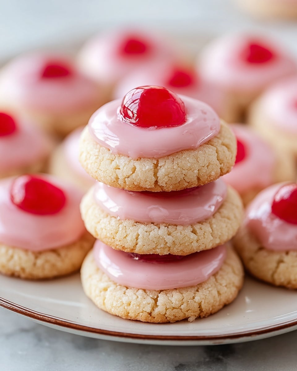 The image shows a close-up of a stack of small round cookies arranged on a white plate with a thin brown rim, set on a white marbled texture. Each cookie has a crumbly, light beige base layer with visible cracks. On top of each cookie is a smooth, glossy light pink layer of icing that is slightly rounded and evenly spread, with a shiny bright red cherry placed in the center of the icing. The cookies are stacked in a pyramid shape, with three layers visible, giving a sense of depth and focus on the front cookie. photo taken with an iphone --ar 4:5 --v 7