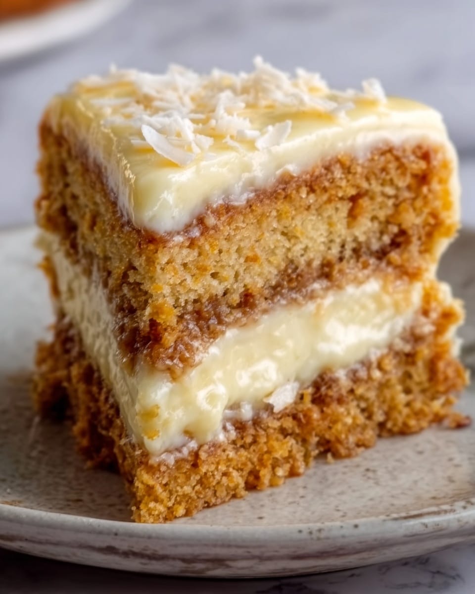 The image shows a close-up of a slice of cake with three visible layers. The bottom and middle layers are light brown and crumbly, resembling a nutty or spiced cake texture. Between these cake layers, there are two thick layers of creamy white frosting, smooth and even. The top of the cake slice is covered with a light yellow glaze or thin layer of icing with some white flakes sprinkled on top, possibly coconut. The cake is placed on a clear glass plate, sitting on a white marbled surface. Photo taken with an iphone --ar 4:5 --v 7