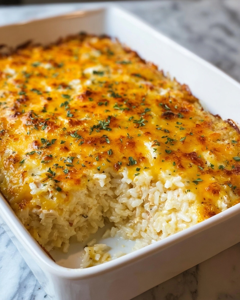A white rectangular dish filled with a baked cheesy rice casserole, showing one corner scooped out to reveal a dense layer of creamy, white rice mixed with small bits of chicken or vegetables beneath a bright, golden melted cheese crust that has small crispy darker spots and is sprinkled with green herbs on top. The dish is placed on a white marbled surface. photo taken with an iphone --ar 4:5 --v 7