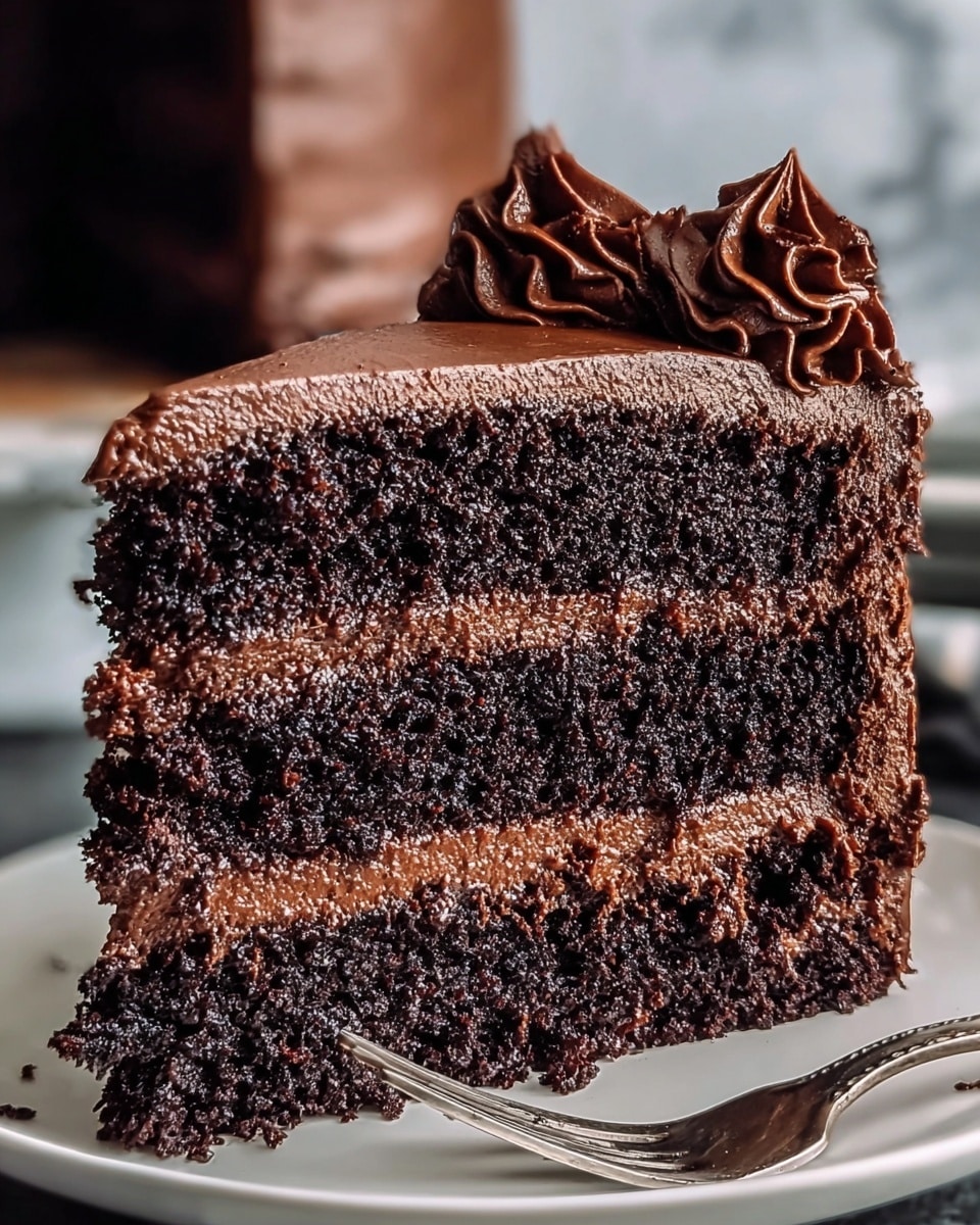 The image shows a close-up of a three-layer chocolate cake slice on a white plate with a fork beside it. Each cake layer is dark brown, moist, and crumbly, separated by a thick, smooth layer of rich chocolate frosting. The top of the cake is covered with an even, glossy layer of chocolate frosting, decorated with several small swirled dollops of the same frosting along the back edge. The background is blurred with a white marbled texture. photo taken with an iphone --ar 4:5 --v 7