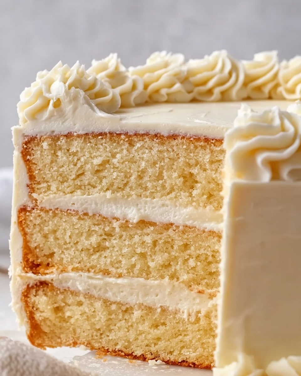 A close-up view of a three-layer vanilla cake with light golden sponge layers separated by smooth, creamy white frosting. The cake is evenly frosted on the outside with the same creamy white icing, and the top features textured whipped cream-like swirls, adding a soft, decorative touch. The cake stands against a soft, white marbled background. photo taken with an iphone --ar 4:5 --v 7