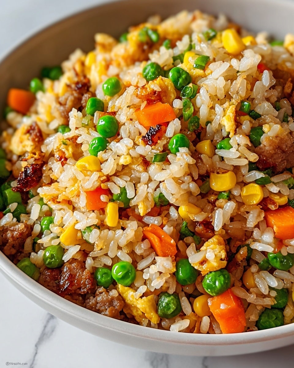 A close-up view of a bowl filled with colorful fried rice sitting on a white marbled surface. The fried rice has a mix of white and golden grains as the base layer, with bright green peas, golden corn kernels, and small diced orange carrots spread evenly throughout. Bits of browned meat and scrambled egg pieces add texture and a slightly darker color contrast among the rice and vegetables. The bowl is white, and the overall look is vibrant and fresh with a slightly glossy finish on the rice and veggies. photo taken with an iphone --ar 4:5 --v 7