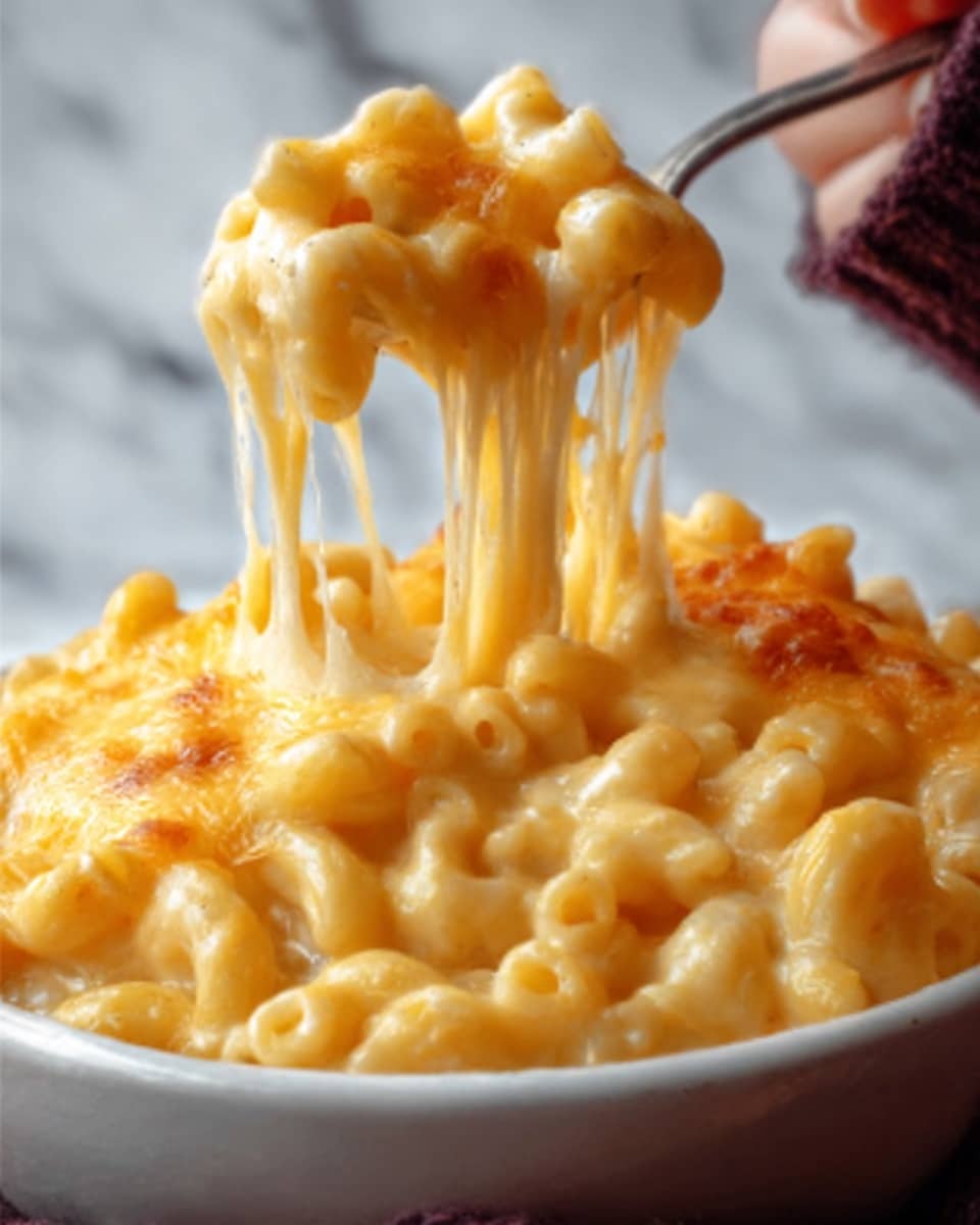 A close-up view of creamy macaroni and cheese in a white bowl, showing a thick layer of melted, golden-yellow cheese on top with stretchy cheese being lifted by a woman's hand holding a fork. The pasta underneath is visible in a light yellow sauce with a smooth, cheesy texture. The background features a white marbled surface. Photo taken with an iphone --ar 4:5 --v 7