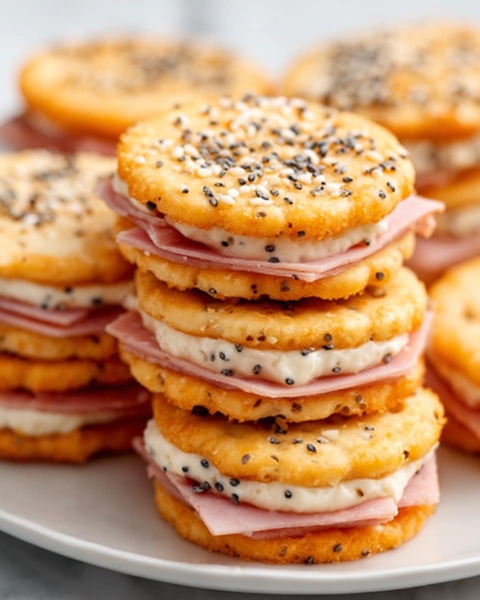 The image shows a close-up of several stacks of round crackers on a white plate against a white marbled background. Each stack has three layers of round crackers, alternating with layers of pink ham and a creamy white spread in between. The top cracker of each stack is sprinkled with black and white sesame seeds, adding texture and color contrast. The crackers are golden brown and slightly shiny, while the creamy spread looks smooth and soft. Photo taken with an iphone --ar 4:5 --v 7