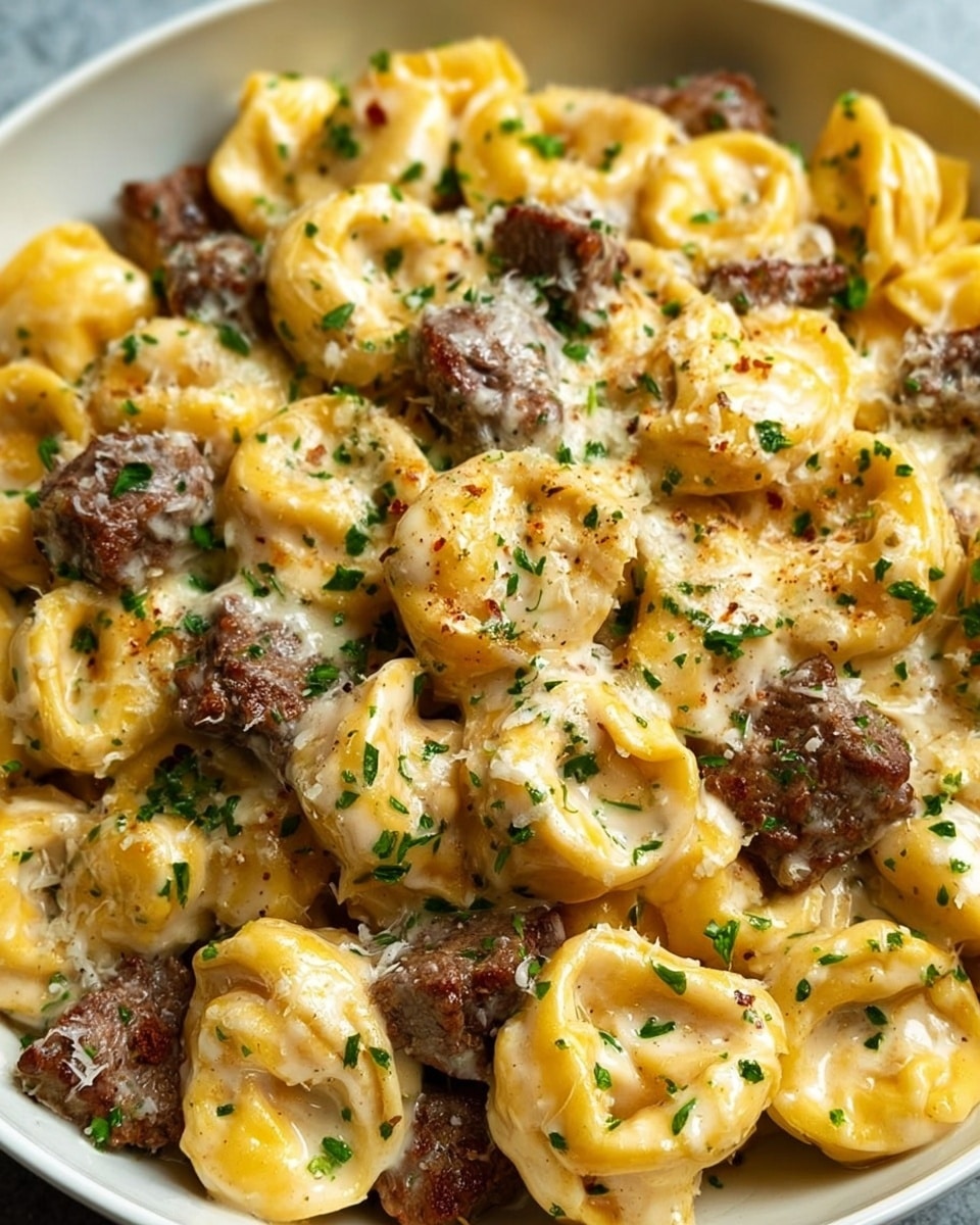 The image shows a white bowl filled with creamy tortellini pasta mixed with pieces of browned beef. The tortellini are plump, yellow, and coated in a smooth, white cheese sauce that looks rich and slightly glossy. Sprinkled on top are small green parsley leaves and grated parmesan cheese, adding texture and color contrast. The beef pieces are scattered evenly throughout, appearing tender and juicy with a dark brown sear. The dish is arranged closely together, making it look hearty and full. photo taken with an iphone --ar 4:5 --v 7