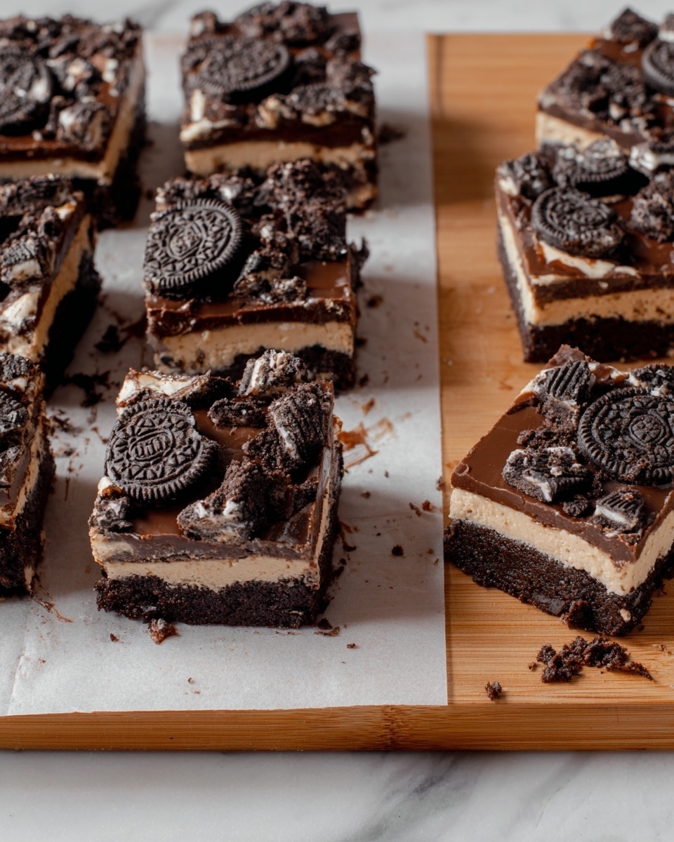 The image shows a close-up of square chocolate dessert bars cut into nine pieces on white parchment paper, placed on a white marbled surface. Each bar has three layers: the bottom layer is dense and dark chocolate cake, the middle layer is creamy and light beige, and the top layer is smooth dark chocolate ganache scattered with chunks of crushed chocolate sandwich cookies with cream filling. On the right side, two bars sit on a wooden board, showing the thick layers clearly, with bits of crumbs around. Photo taken with an iphone --ar 4:5 --v 7