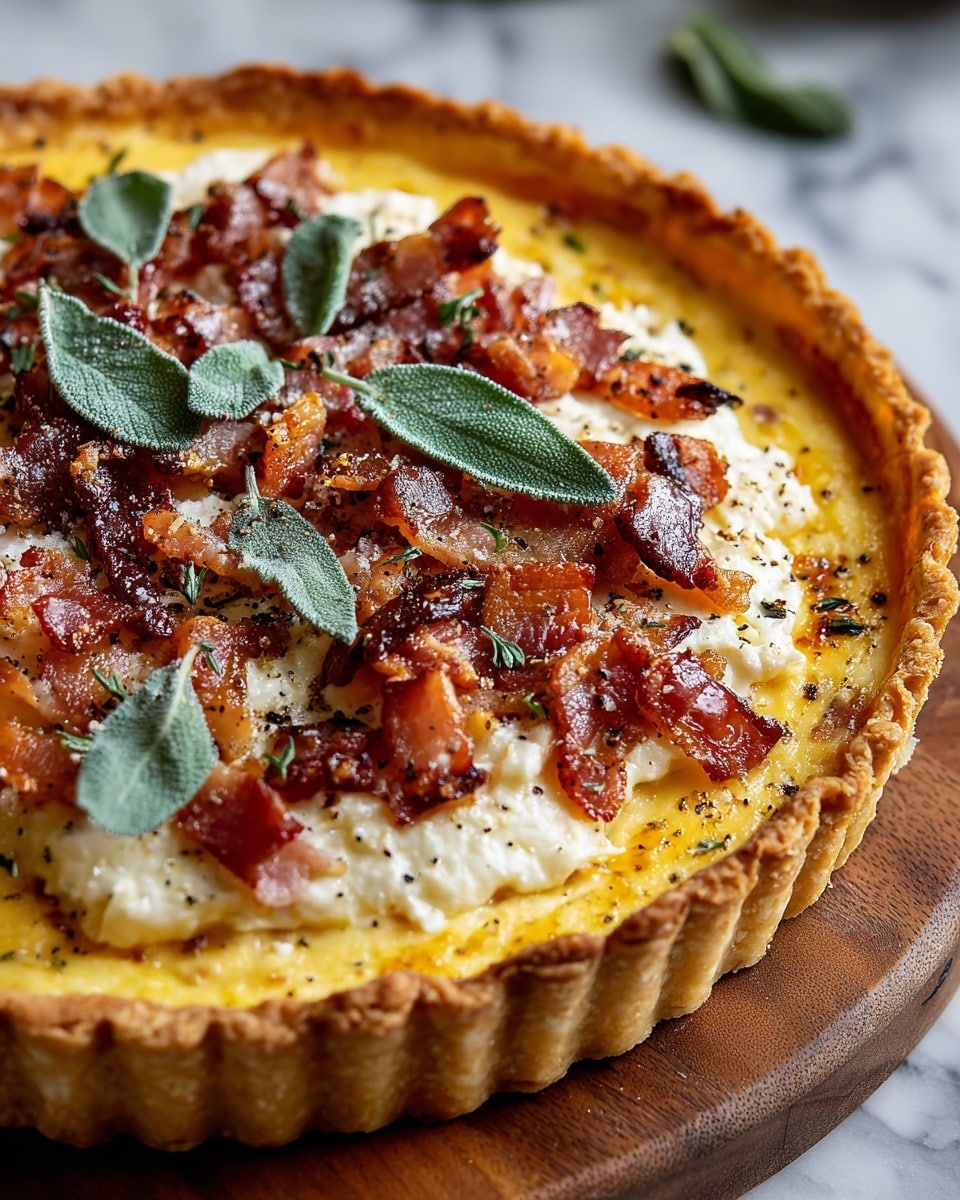 A golden-brown tart with a flaky crust forms the base layer, filled with a creamy yellow mixture topped with melted white cheese, crispy browned bacon pieces, and green sage leaves scattered on top. The tart filling is textured with small herbs and sprinkled with grated cheese and black pepper. The tart is placed on a wooden board, with a white marbled texture in the background. photo taken with an iphone --ar 4:5 --v 7
