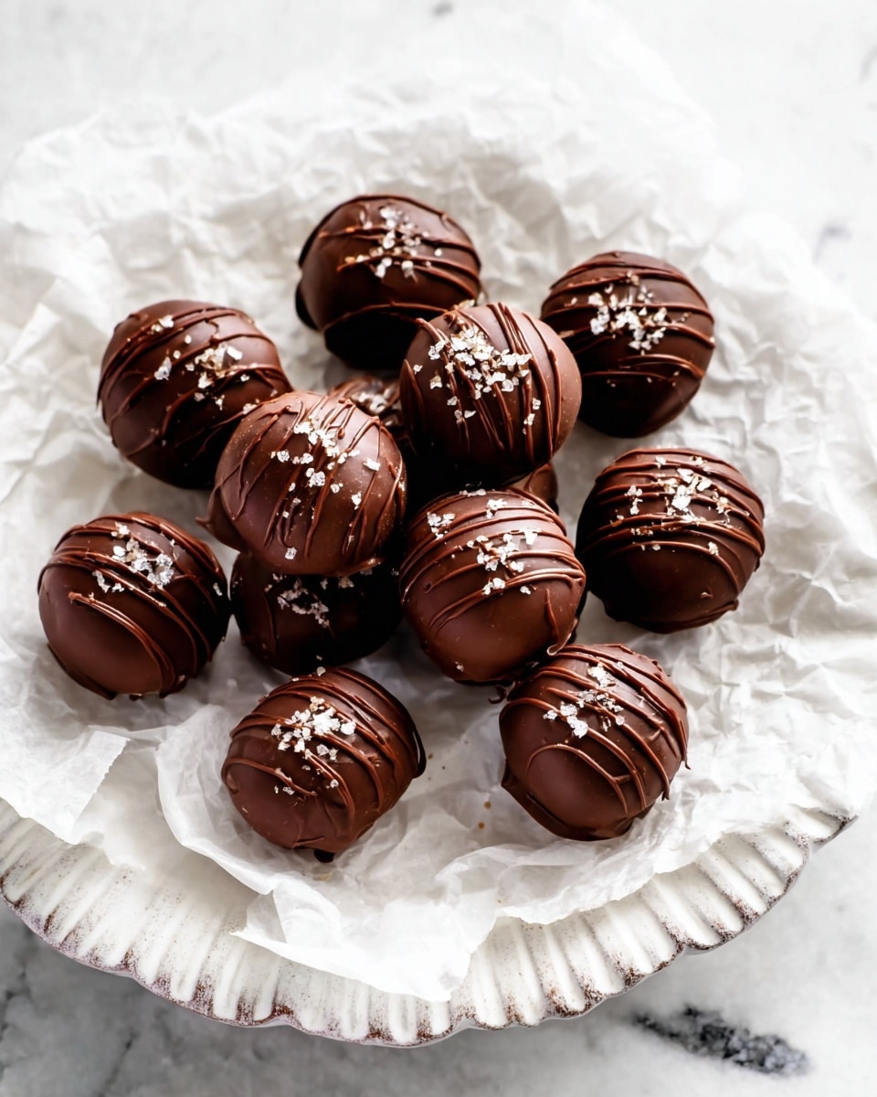 A white scalloped plate holds about fifteen round chocolate truffles arranged in a loose pile. Each truffle is smooth and glossy dark brown with thin drizzles of a slightly lighter chocolate on top. Small white salt flakes are sprinkled over each truffle, adding a light texture contrast. The truffles rest on a crumpled white parchment paper that lines the plate. The whole setup is placed on a surface with a white marbled texture, giving a clean and bright background. photo taken with an iphone --ar 4:5 --v 7