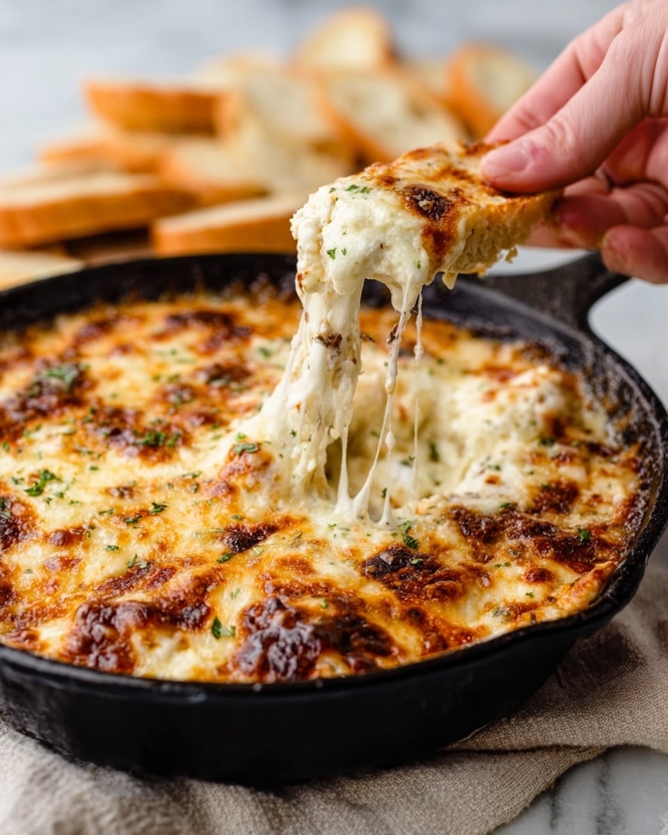 The image shows a black cast iron skillet filled with a baked cheesy dish that has a golden-brown melted cheese crust on top with slightly browned spots and some herbs sprinkled across. Inside, multiple layers of gooey white melted cheese are stretching as a woman's hand lifts a piece, showing the stretchy texture. The skillet is placed on a white marbled surface with a soft neutral cloth nearby and blurred pieces of bread in the background. photo taken with an iphone --ar 4:5 --v 7