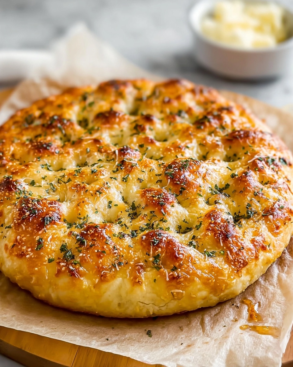 A round focaccia bread with a golden-brown baked crust sits on parchment paper on a wooden board. The bread’s surface shows uneven, bubbly mounds of soft dough, each topped with melted, slightly browned cheese, creating a textured look. Green herbs are sprinkled evenly across the top, adding color contrast and a fresh appearance. The edges are puffed and golden, with some small darker spots where the cheese has caramelized. The background is a white marbled surface with a blurred bowl of cheese visible in the back. photo taken with an iphone --ar 4:5 --v 7