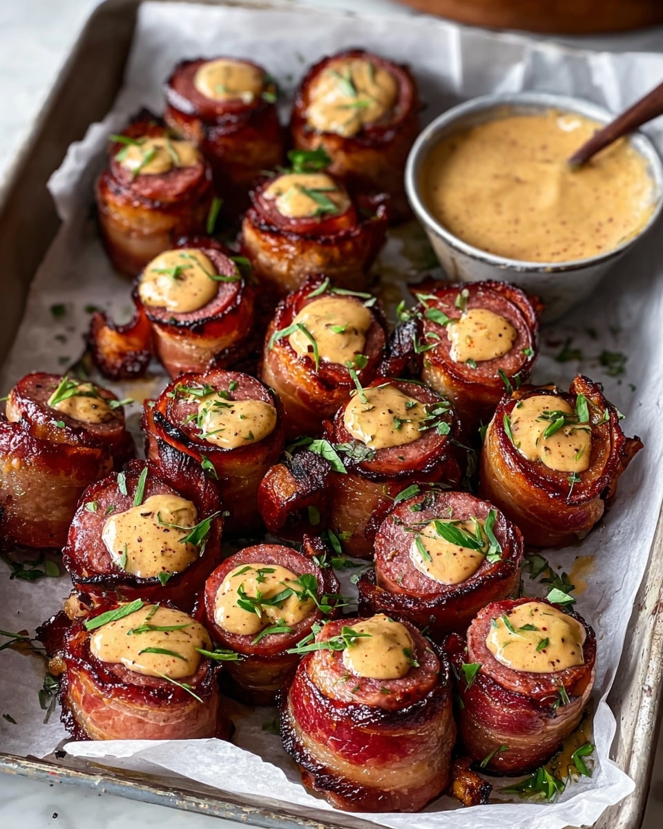The image shows a metal tray lined with white parchment paper holding about twenty small, thick slices of sausage wrapped tightly with crispy bacon. Each sausage piece is browned and glistening with juice, topped with a small dollop of creamy, light brown sauce that has a slightly grainy texture from spices. Small bits of fresh green herbs are scattered on and around the sausage pieces, adding a touch of color. The tray sits on a white marbled surface. photo taken with an iphone --ar 4:5 --v 7