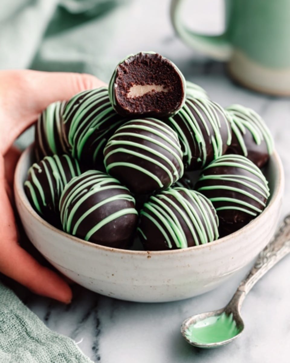A white bowl filled with round chocolate truffles, each covered in a dark chocolate coating and decorated with light green stripes that wrap around the surface. One truffle on top is bitten, showing a creamy, light brown center. The bowl is placed on a white marbled surface with a green spoon and a white cloth nearby, adding simple and soft colors to the scene. A woman's hand is gently holding the bowl from the left side. photo taken with an iphone --ar 4:5 --v 7