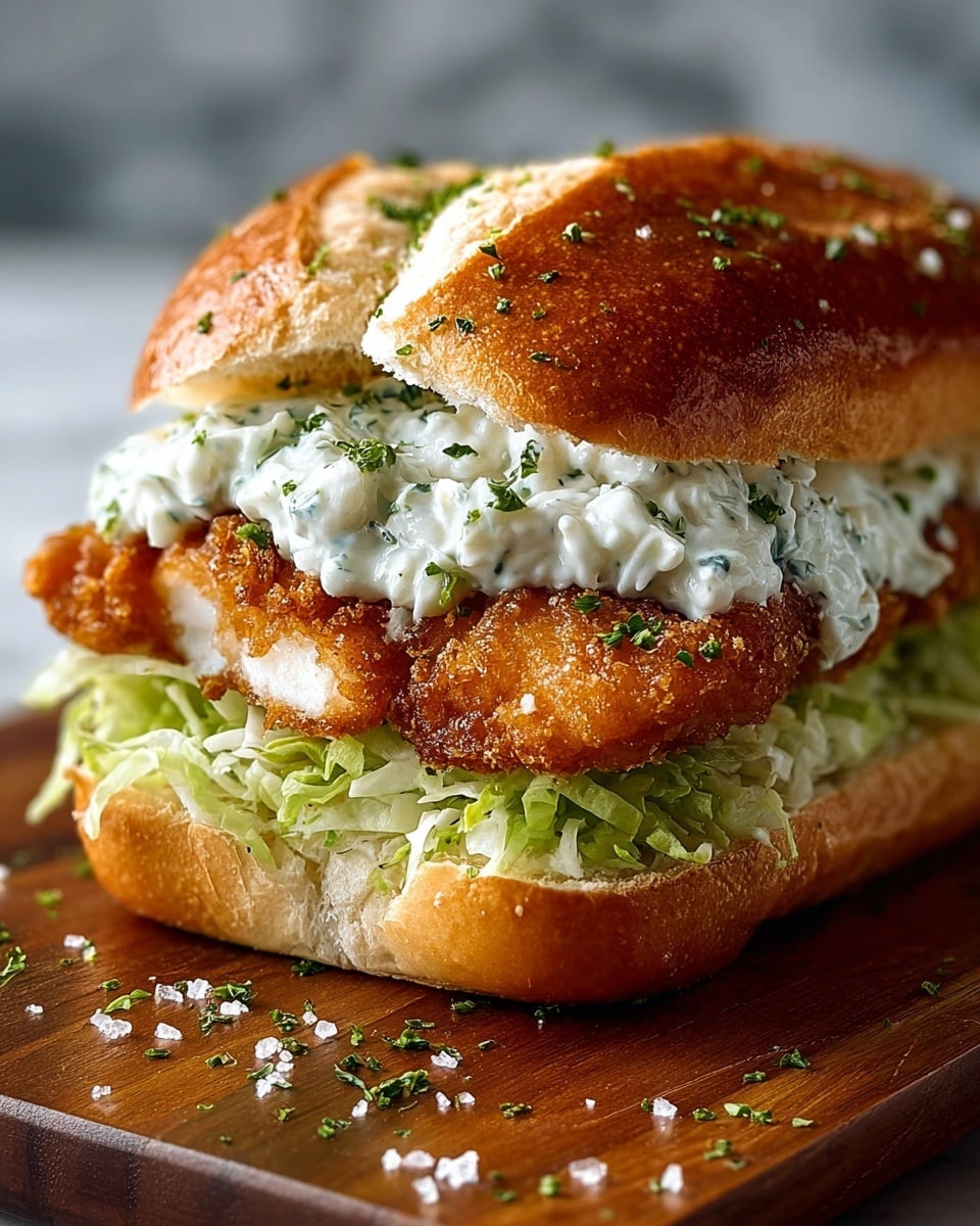 A sandwich with three main layers is shown on a wooden board against a white marbled background. The bottom layer is light green shredded lettuce with a slightly wet texture, topped by a layer of breaded fried fish fillets in a golden brown crispy crust. On top of the fish is a thick layer of chunky white tartar sauce mixed with small green bits of herbs. The sandwich is closed with a shiny golden brown split sandwich roll speckled with small green herb flakes, giving a crispy outer texture. Some coarse salt and herbs are sprinkled around the sandwich on the wooden board. photo taken with an iphone --ar 4:5 --v 7