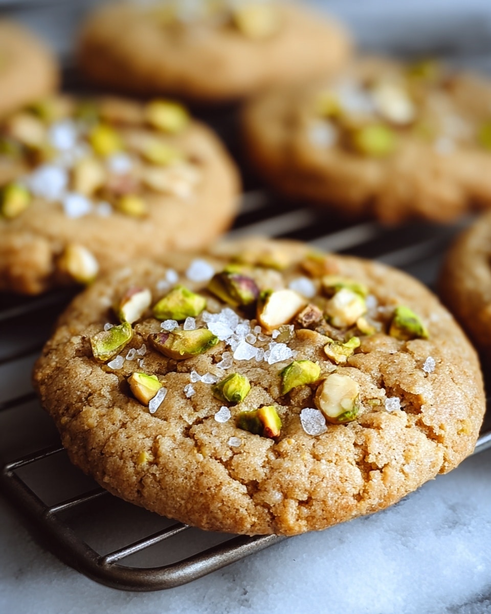 The image shows close-up of soft cookies with a light golden-brown color and slightly rough texture. Each cookie has two visible layers: the base layer is the golden-brown cookie dough, and the top layer is sprinkled with chopped green pistachio nuts and small pieces of light brown nuts, along with white coarse salt flakes scattered across the surface. The cookies are placed on a black cooling rack set on a white marbled texture surface. The focus is sharp on the front cookie, with the background cookies softly blurred. photo taken with an iphone --ar 4:5 --v 7