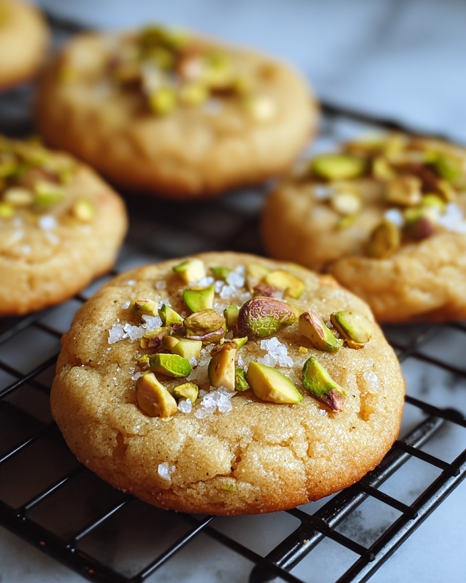 A close-up view of a round cookie with a golden brown, slightly cracked surface, topped with chopped green pistachios and pieces of nuts scattered across the top, along with a few grains of white sea salt sprinkled evenly. The cookie has a rough texture showing small sugar crystals and tiny cracks. Behind it, more cookies of the same kind are slightly out of focus, all resting on a cooling rack set on a white marbled surface. Photo taken with an iphone --ar 4:5 --v 7