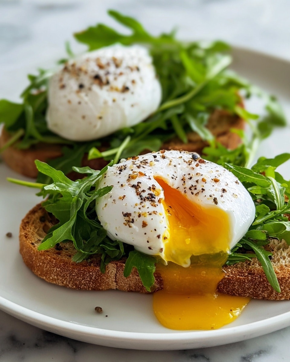 The image shows two slices of toasted bread on a white plate placed on a white marbled surface. Each slice is topped with a layer of fresh green arugula leaves, and on top of that sits a perfectly cooked poached egg. The front egg has a runny yolk spilling down over the toast, while both eggs are sprinkled with cracked black pepper. The textures of the crispy bread, soft eggs, and leafy greens combine to create a fresh and appealing look. Photo taken with an iphone --ar 4:5 --v 7
