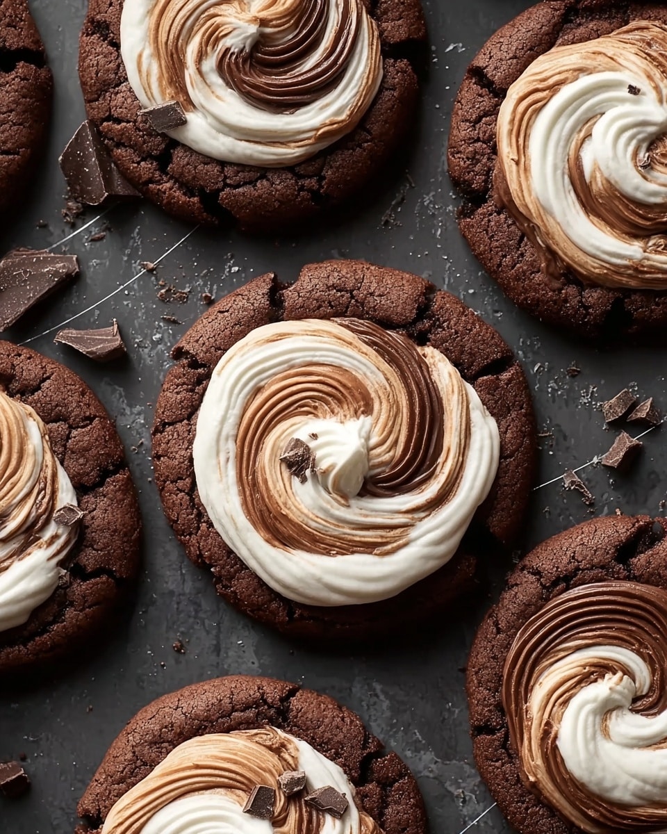 The image shows several round chocolate cookies with a rich dark brown color and cracked texture, each topped with a single large swirl of creamy frosting. The frosting has two colors mixed in a spiral pattern: smooth white and light brown chocolate, creating a marbled effect. The swirl sits centrally on each cookie and has a soft, fluffy texture. Some cookies have small chocolate shavings or chunks sprinkled on and around the frosting. The cookies are laid flat on a dark surface that has faint scratches and a few scattered chocolate pieces, emphasizing the contrast between the dark cookies and the creamy frosting. photo taken with an iphone --ar 4:5 --v 7
