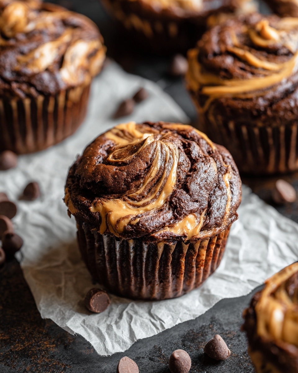 The image shows close-up chocolate muffins with rich swirls of peanut butter on top. Each muffin has a dark brown, moist texture with light brown peanut butter artfully mixed in, forming a marbled pattern. The muffins sit on torn white parchment paper placed on a dark surface that contrasts with the muffins. Around the muffins are scattered chocolate chips adding a touch of texture and extra chocolate appeal. The focus highlights the swirled tops, showing the creamy peanut butter blending with the crumbly chocolate muffin base. Photo taken with an iphone --ar 4:5 --v 7