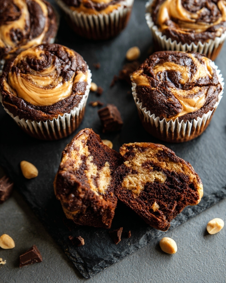 The image shows several chocolate peanut butter swirl muffins, each with a dark brown and light caramel swirl pattern on top, creating a marbled effect with smooth and slightly glossy textures. The muffins are in white paper liners and are neatly arranged on a dark slate serving board that contrasts their rich colors. One muffin is cut in half to show its inside layers: a mix of dark chocolate and lighter peanut butter batter, with bite-sized chunks embedded within. Scattered peanut pieces and chocolate shavings are visible around the board. The scene has a soft, natural light highlighting the moist texture and swirl details of the muffins. photo taken with an iphone --ar 4:5 --v 7