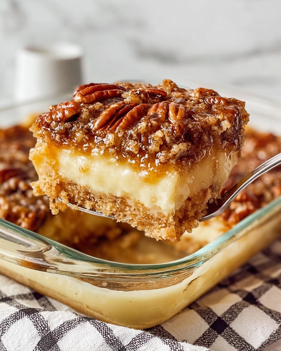 A slice of three-layer pecan dessert is being lifted from a clear glass baking dish. The bottom layer is a golden brown crust, crumbly and slightly thick. The middle layer is creamy and light yellow, smooth and soft in texture. The top layer is a rich, sticky, caramel-brown pecan filling studded with whole pecans, adding a textured and nutty look. The background shows a white marbled texture with a white and black check towel partially visible under the dish. Photo taken with an iphone --ar 4:5 --v 7