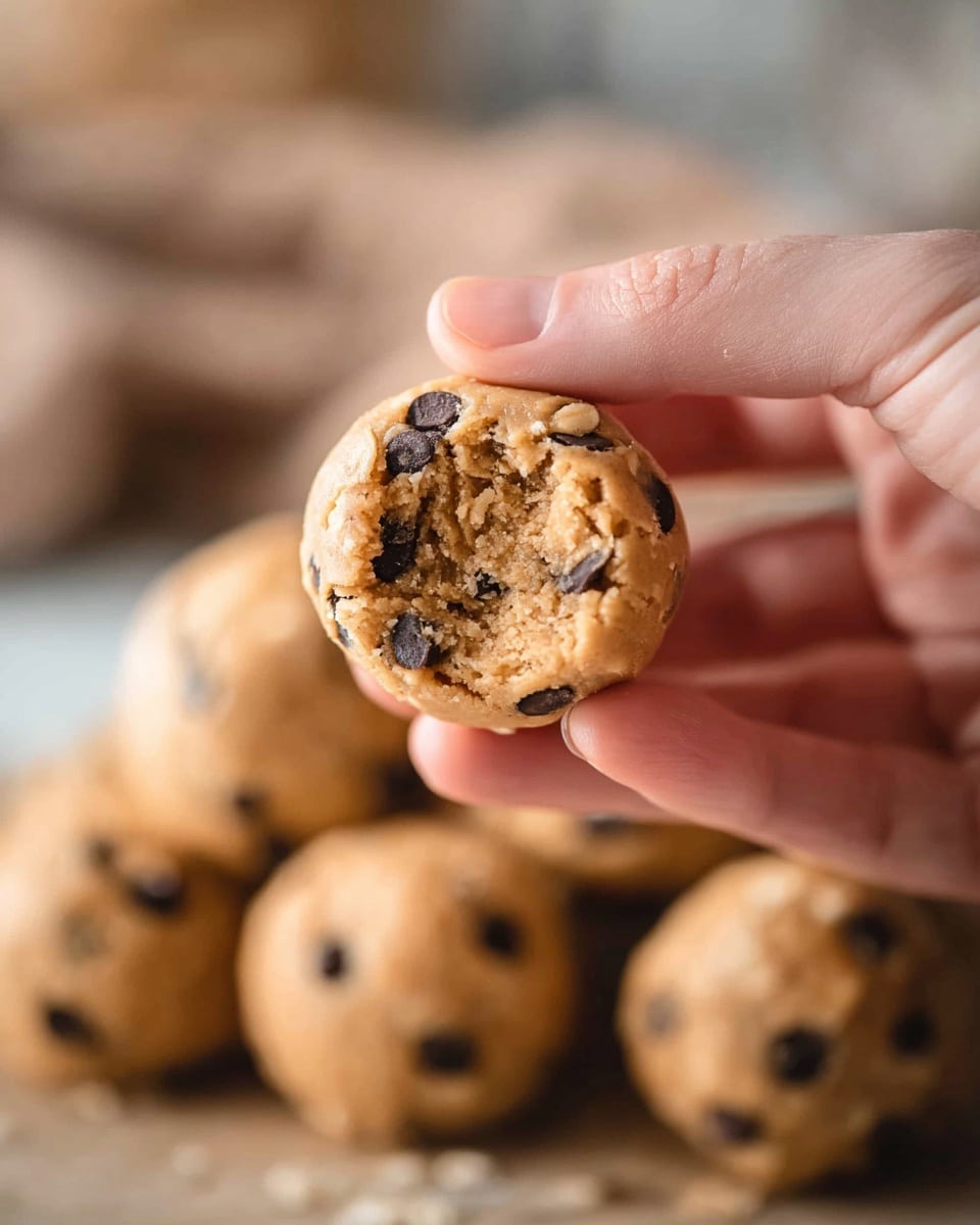 A close-up view shows a woman's hand holding a round, bitten bite-sized cookie dough ball filled with small dark chocolate chips and light-colored bits like oats or nuts, with a soft, crumbly beige texture. More cookie dough balls are slightly blurred in the background, sitting on a white marbled surface. The focus is on the bitten dough ball, highlighting its dense, chewy texture and scattered chocolate chips. photo taken with an iphone --ar 4:5 --v 7