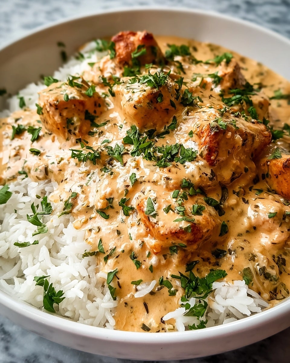 A close-up of a dish showing a bottom layer of white fluffy rice spread evenly on a white bowl. On top, there are several pieces of browned, grilled chicken with a slightly crispy texture. The chicken is covered with a thick layer of creamy beige sauce with visible herbs and spices mixed in. The dish is sprinkled with fresh chopped green herbs, adding a pop of color to the creamy and brown tones. The background is a white marbled texture. photo taken with an iphone --ar 4:5 --v 7