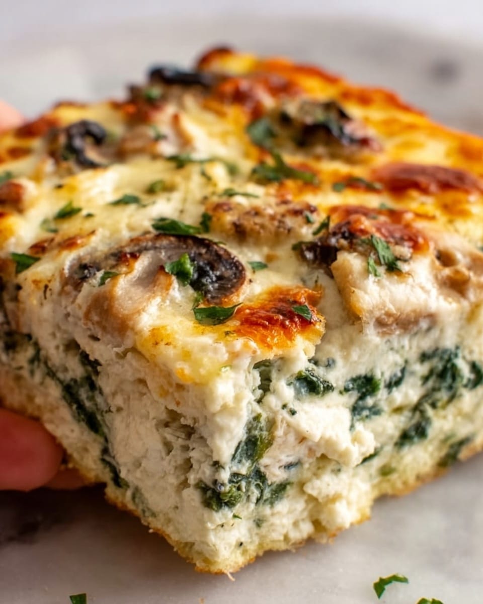 The image shows a close-up of a thick, square slice of creamy casserole. It has three layers: the top layer is golden-brown melted cheese with some browned spots and small green herb bits scattered on it; the middle layer is white and creamy with visible black mushroom pieces and green herbs mixed in; the bottom layer is a thin green layer that looks like spinach or another leafy vegetable. The texture looks soft and slightly gooey, and the slice sits on a white marbled surface. The photo taken with an iphone --ar 4:5 --v 7