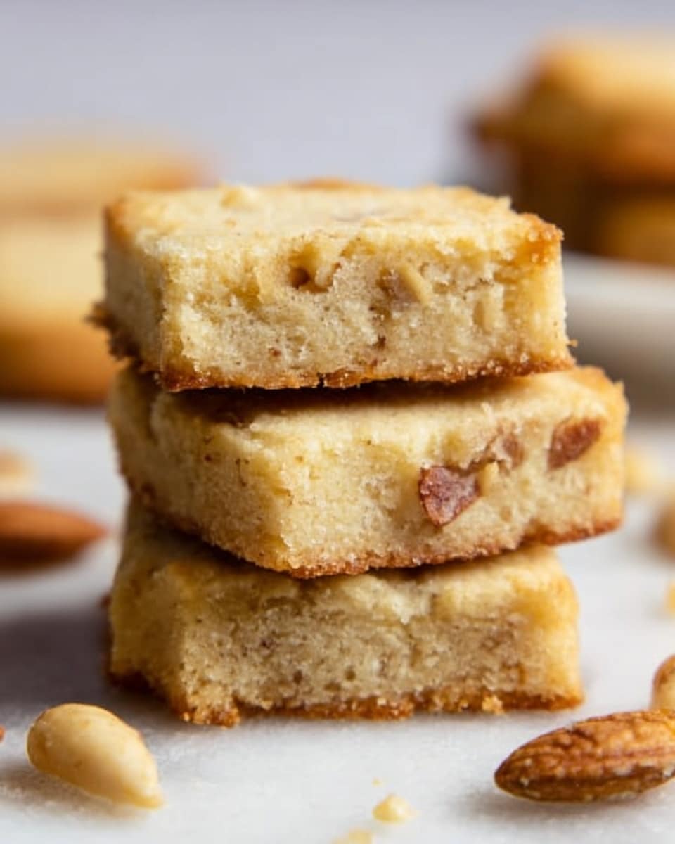 The image shows a close-up of three thick, square cookies stacked on top of each other on a white marbled surface. Each cookie is golden brown with a slightly rough texture and small pieces of nuts visible inside. The edges are slightly darker, showing a crispy finish. In the background, there are blurred shapes of more cookies and whole nuts scattered around. The focus is sharp on the front stacked cookies, highlighting their crumbly texture. Photo taken with an iphone --ar 4:5 --v 7