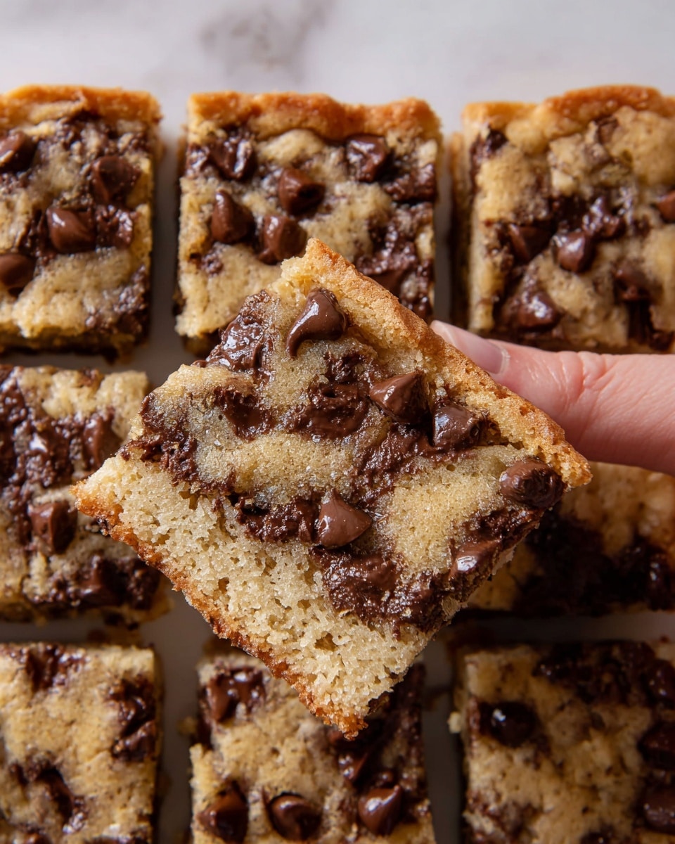 A close-up photo of a thick, square chocolate chip cookie held by a woman's hand with two fingers. The cookie has a golden-brown outer layer with a slightly shiny, soft texture. The inside is a lighter beige color with a moist and crumbly texture, showing melted dark brown chocolate chips spread throughout the cookie, some partially melted on the surface. The background features a white marbled texture. photo taken with an iphone --ar 4:5 --v 7