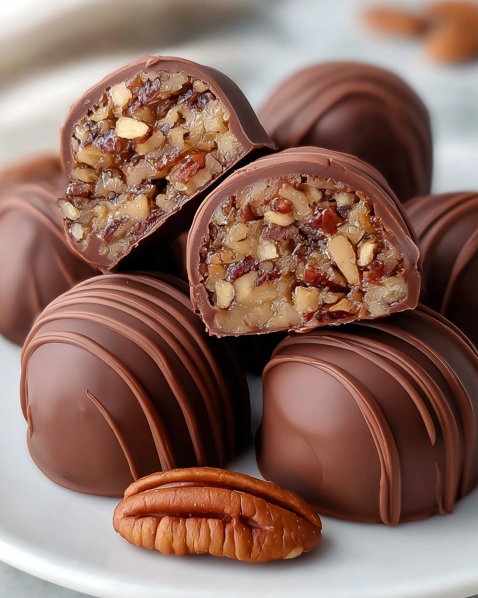 The image shows several round chocolate-covered treats stacked on a white plate with a white marbled texture beneath. Each treat has a smooth, glossy chocolate shell with thin chocolate lines running horizontally around the surface. Two of the treats are cut in half, revealing a dense, nutty filling made up of chopped pecans and other nuts in a caramel-like mixture, showing a mix of light brown and darker brown pieces. A whole pecan nut sits on the white plate in front of the treats, adding a natural touch to the display. The photo taken with an iphone --ar 4:5 --v 7