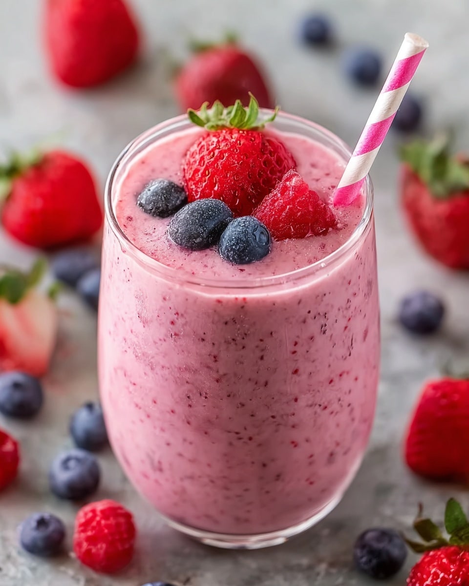 A clear glass filled with a thick pink smoothie speckled with tiny seeds and fruit bits, topped with fresh berries including red raspberries, a bright red strawberry with its green stem, and plump dark blue blueberries placed on the creamy surface, with a pink and white striped paper straw inserted into the drink, all set against a white marbled textured background scattered with more raspberries, blueberries, and strawberries slightly out of focus. photo taken with an iphone --ar 4:5 --v 7