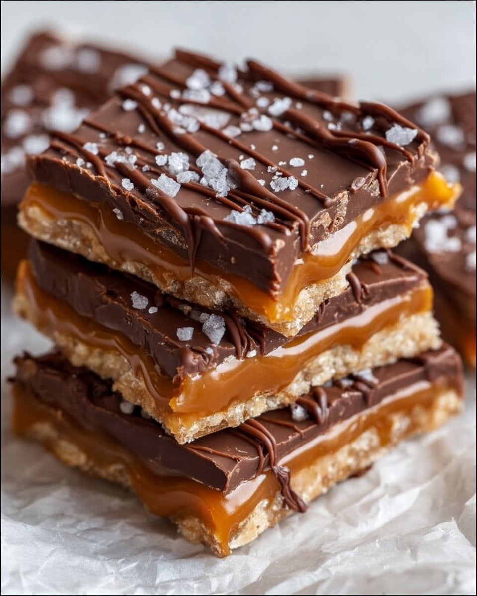 The image shows two stacked candy bars with three visible layers: a light brown crunchy base with bits of white, a thick middle layer of bright caramel dripping slightly, and a top layer of smooth milk chocolate with dark chocolate drizzles forming diagonal lines. The top is sprinkled with large flakes of white sea salt, adding texture and contrast. The candy bars sit on light beige parchment paper over a white marbled surface. Photo taken with an iphone --ar 4:5 --v 7