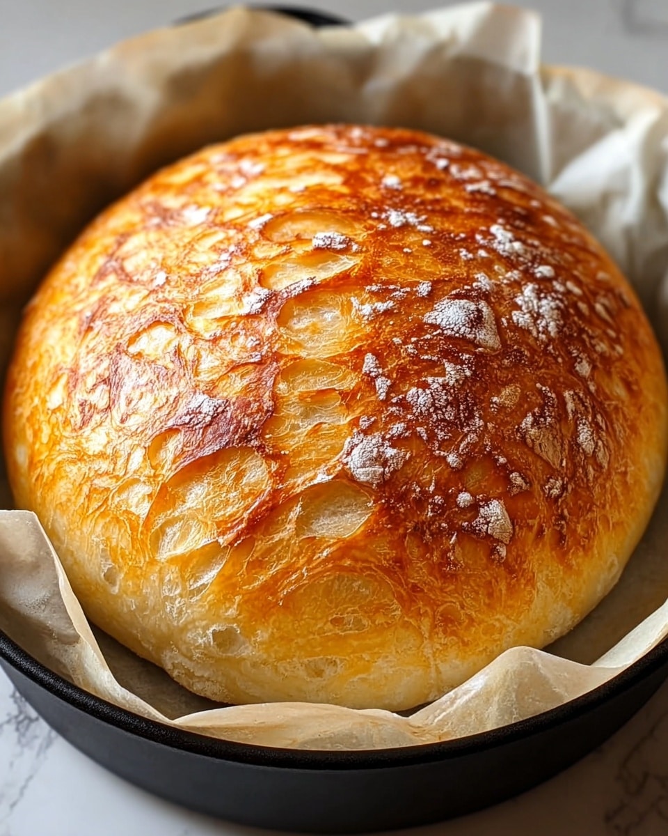 A round loaf of bread with three visible layers: the top crust layer is a golden brown with a glossy, slightly cracked texture showing light tan underneath, the middle layer is pale tan with soft, airy holes visible through the cracks, and the bottom layer is a thin, lightly browned base sitting on white parchment paper. The bread is placed on a round black pan which rests on a white marbled surface. Photo taken with an iphone --ar 4:5 --v 7