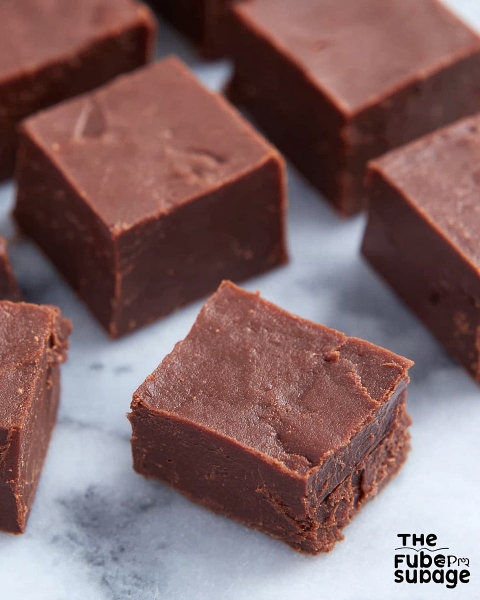 A close-up view of several square pieces of fudge arranged on a white marbled surface, showing a smooth, rich brown top layer with slight cracks and a dense, solid texture. Each piece is cut cleanly with sharp edges, and the fudge appears thick with one visible layer. The image focuses on the front piece, highlighting the fudge’s glossy yet slightly rough top finish. Photo taken with an iphone --ar 4:5 --v 7